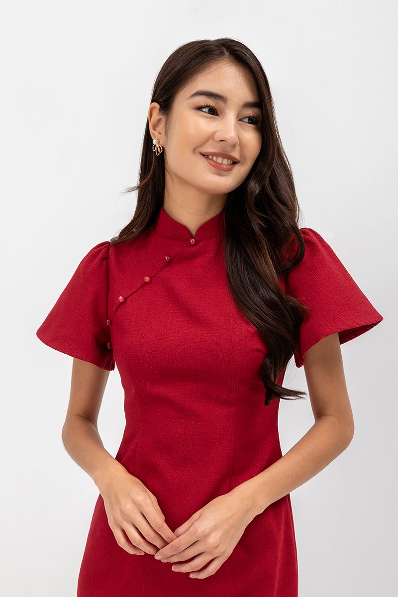 AUBRIELLE FLUTTER SLEEVE TWEED MIDI CHEONGSAM
