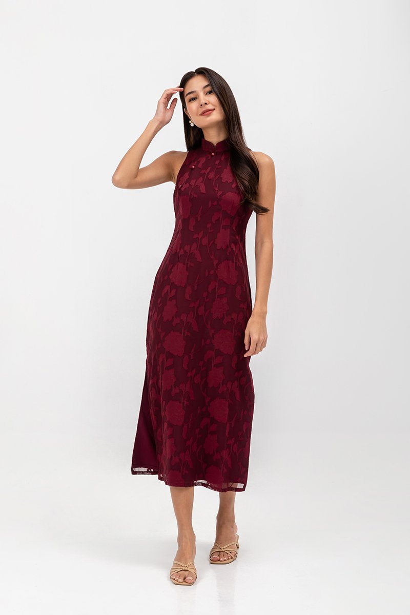 YARA FLORAL TEXTURED SHEATH MIDI CHEONGSAM