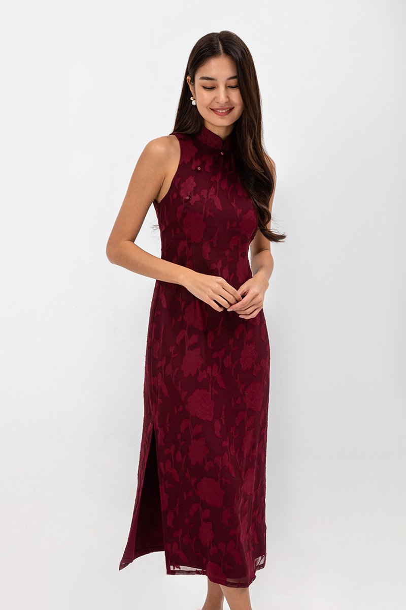 YARA FLORAL TEXTURED SHEATH MIDI CHEONGSAM