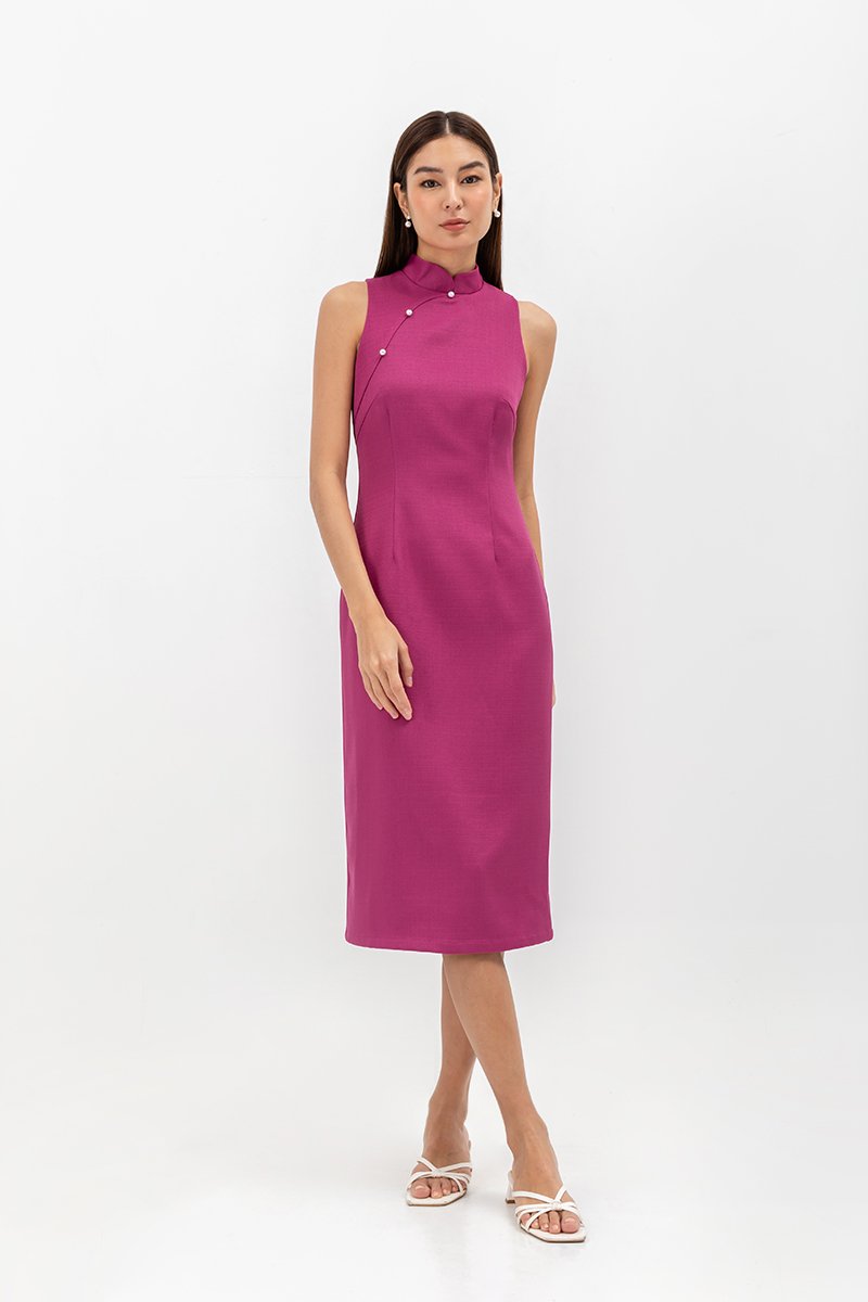 NIKA TWEED MIDI CHEONGSAM W PEARL BUTTONS