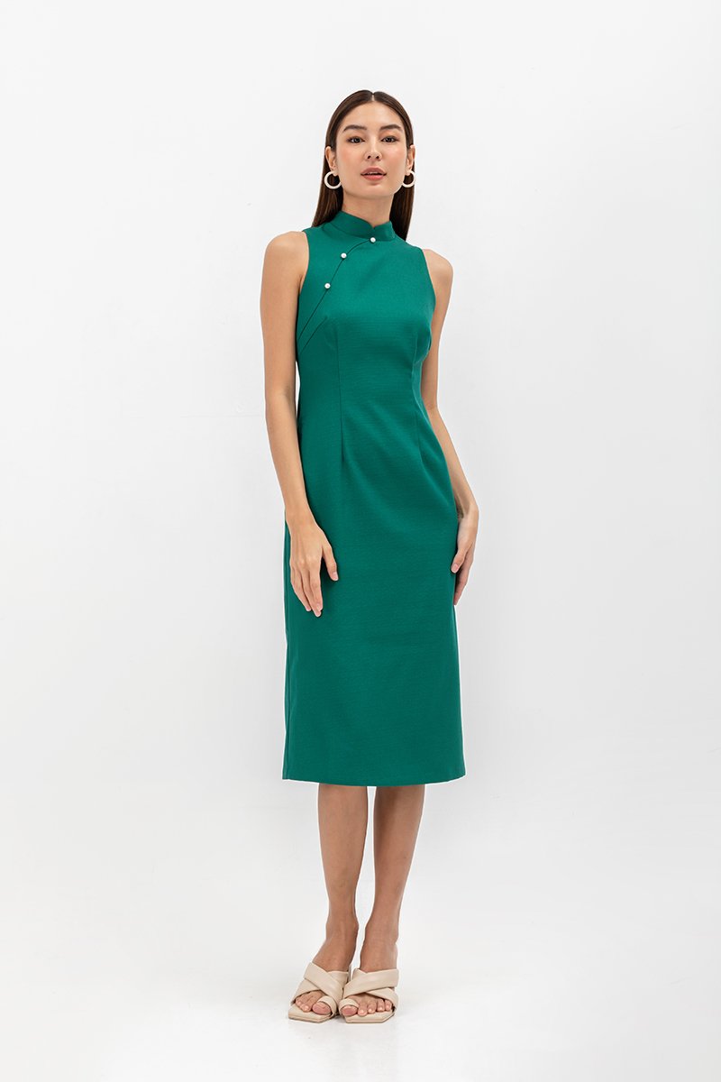 NIKA TWEED MIDI CHEONGSAM W PEARL BUTTONS
