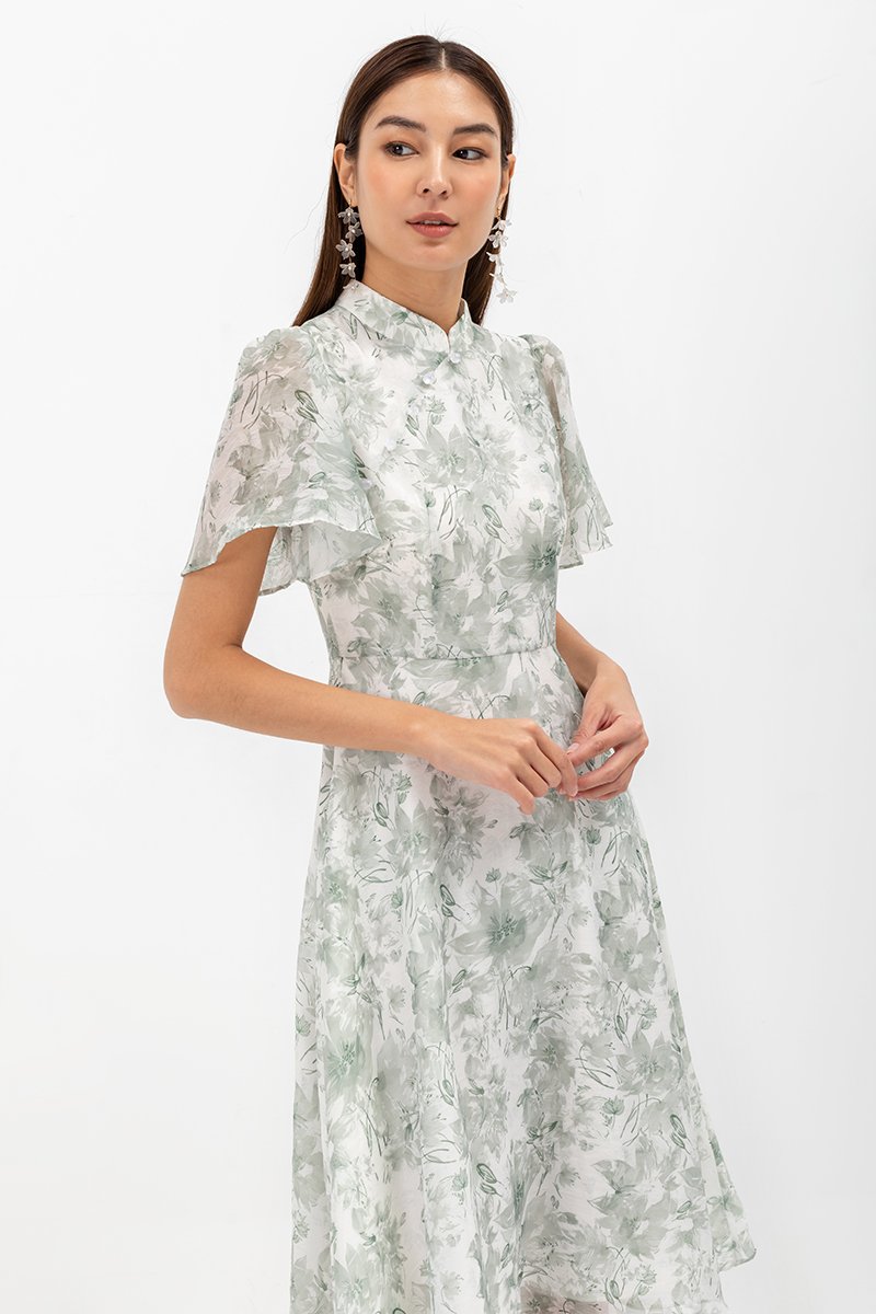 THALIA FLORAL FLUTTER SLEEVE CHEONGSAM