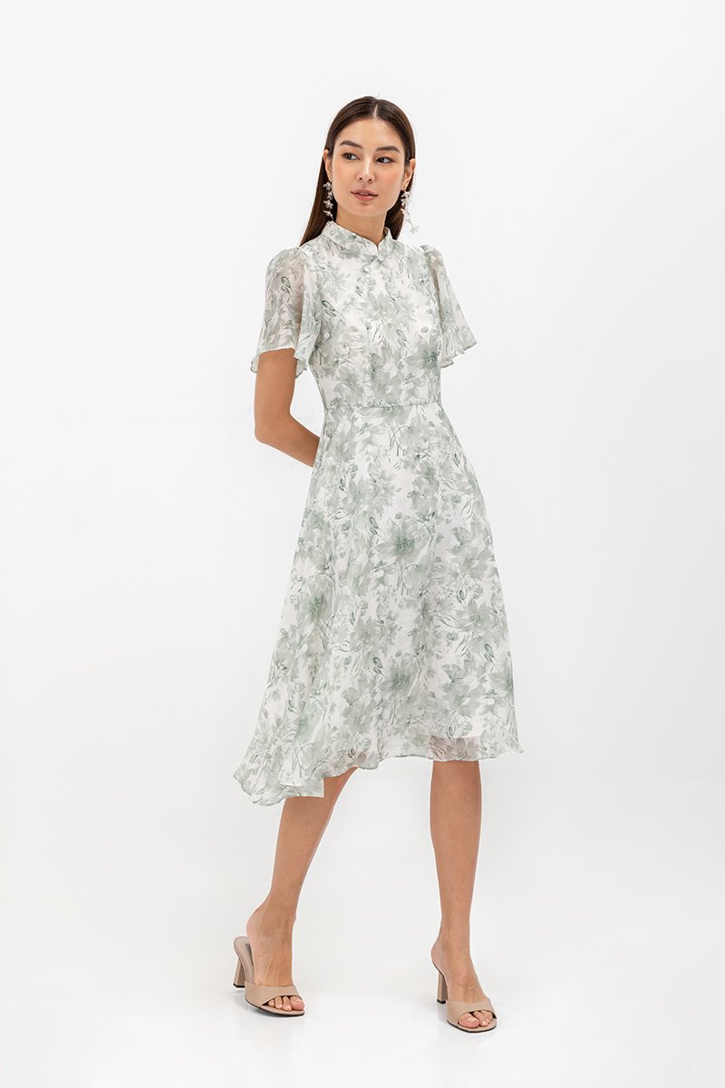 THALIA FLORAL FLUTTER SLEEVE CHEONGSAM