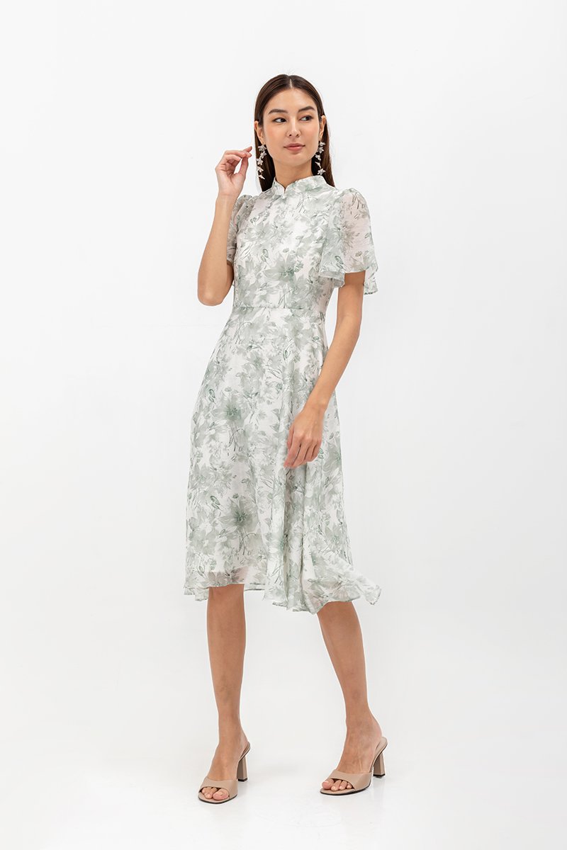 THALIA FLORAL FLUTTER SLEEVE CHEONGSAM