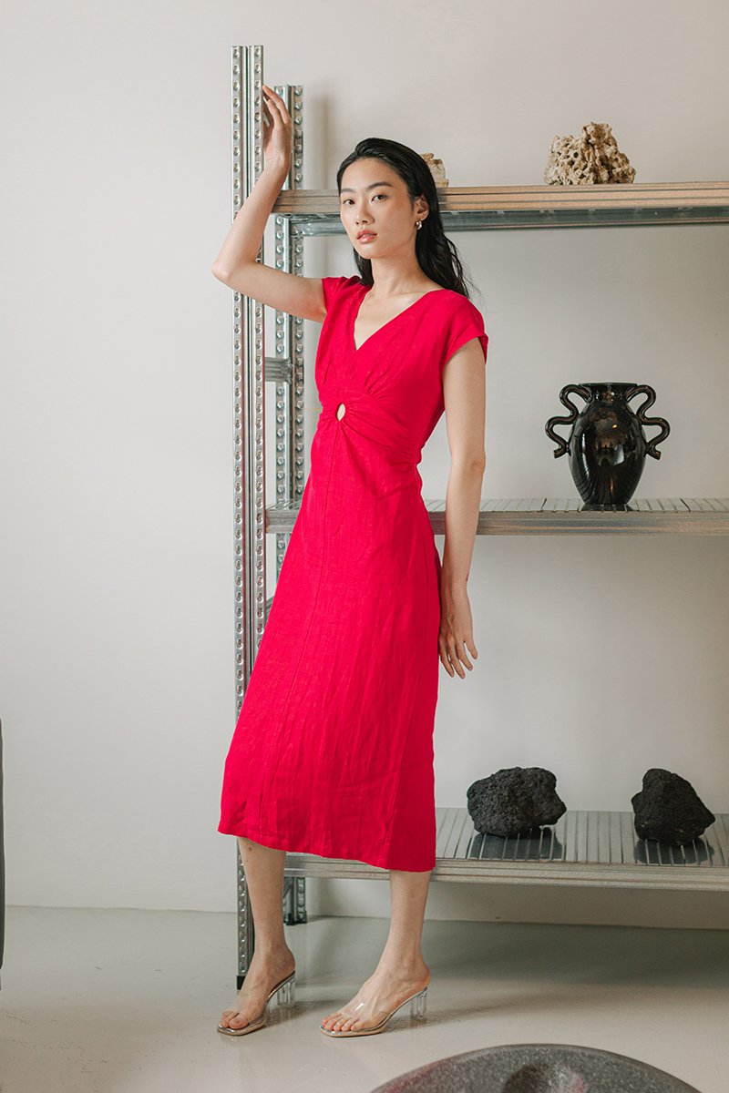 MINNIE CUT OUT LINEN MIDI DRESS