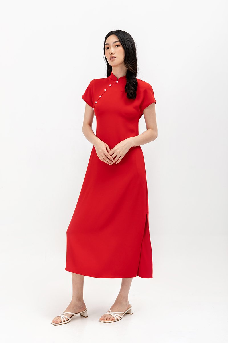 ELLERIE CAP SLEEVE CONTRAST BUTTON CHEONGSAM W SASH