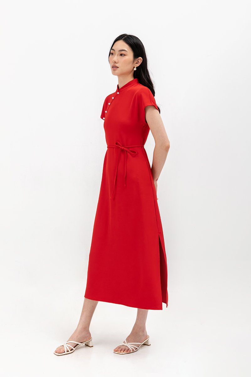 ELLERIE CAP SLEEVE CONTRAST BUTTON CHEONGSAM W SASH