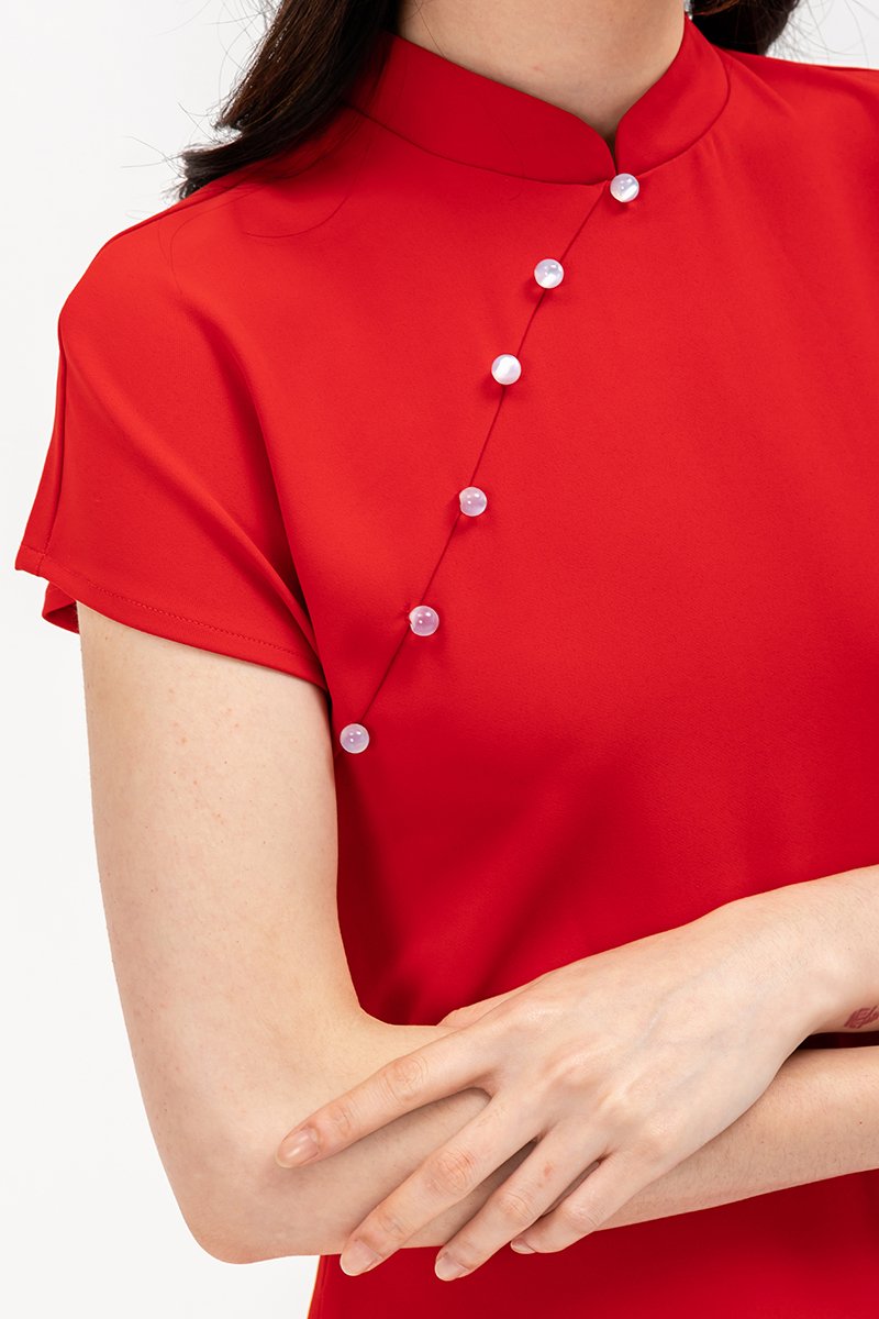 ELLERIE CAP SLEEVE CONTRAST BUTTON CHEONGSAM W SASH