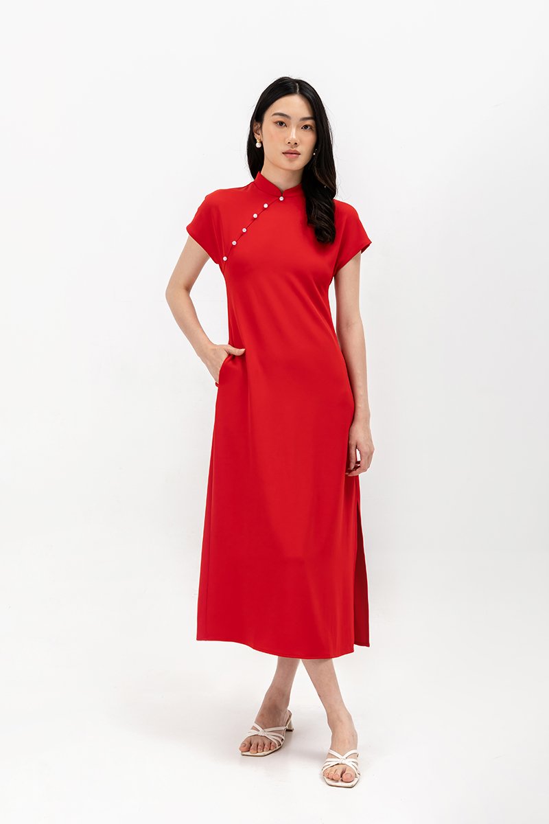 ELLERIE CAP SLEEVE CONTRAST BUTTON CHEONGSAM W SASH