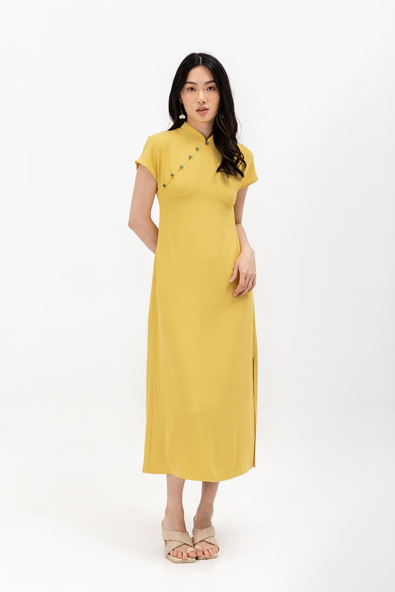 ELLERIE CAP SLEEVE CONTRAST BUTTON CHEONGSAM W SASH