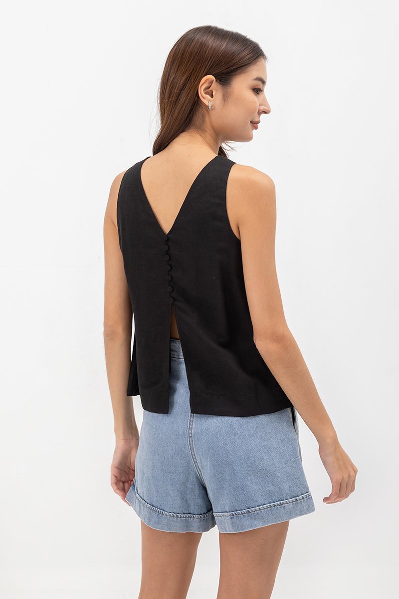 MILLIE BACK SLIT BUTTONDOWN LINEN TOP