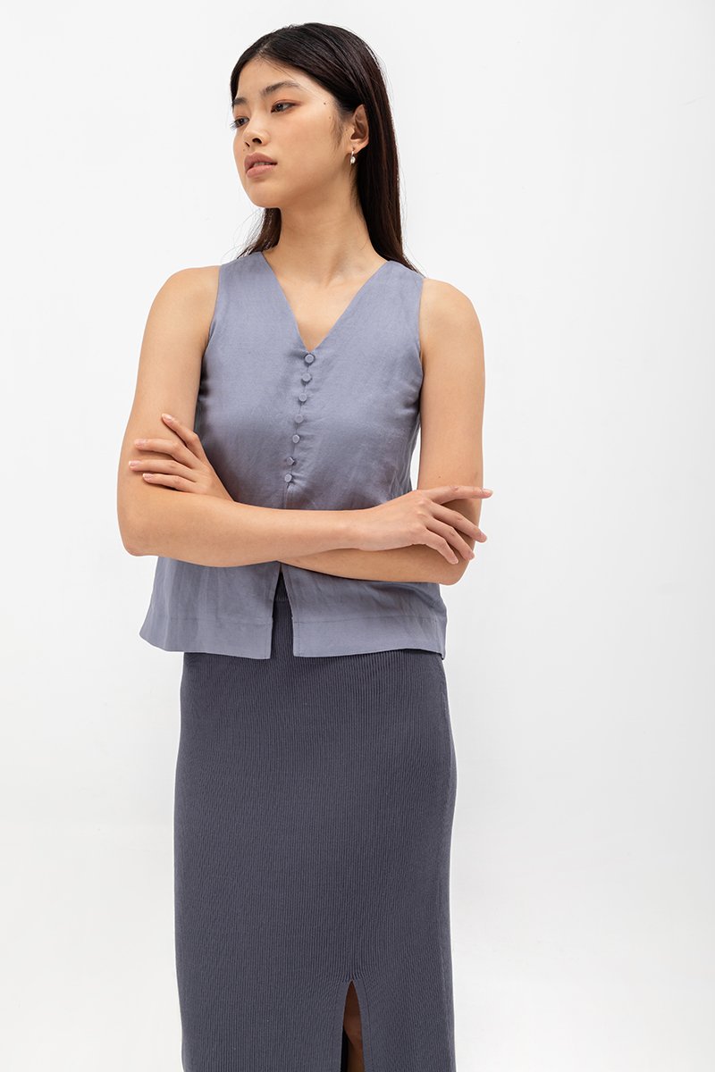 MILLIE BACK SLIT BUTTONDOWN LINEN TOP