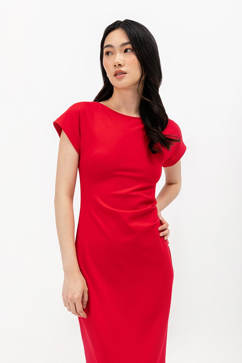 MILAN SIDE PLEATED BOATNECK DRESS