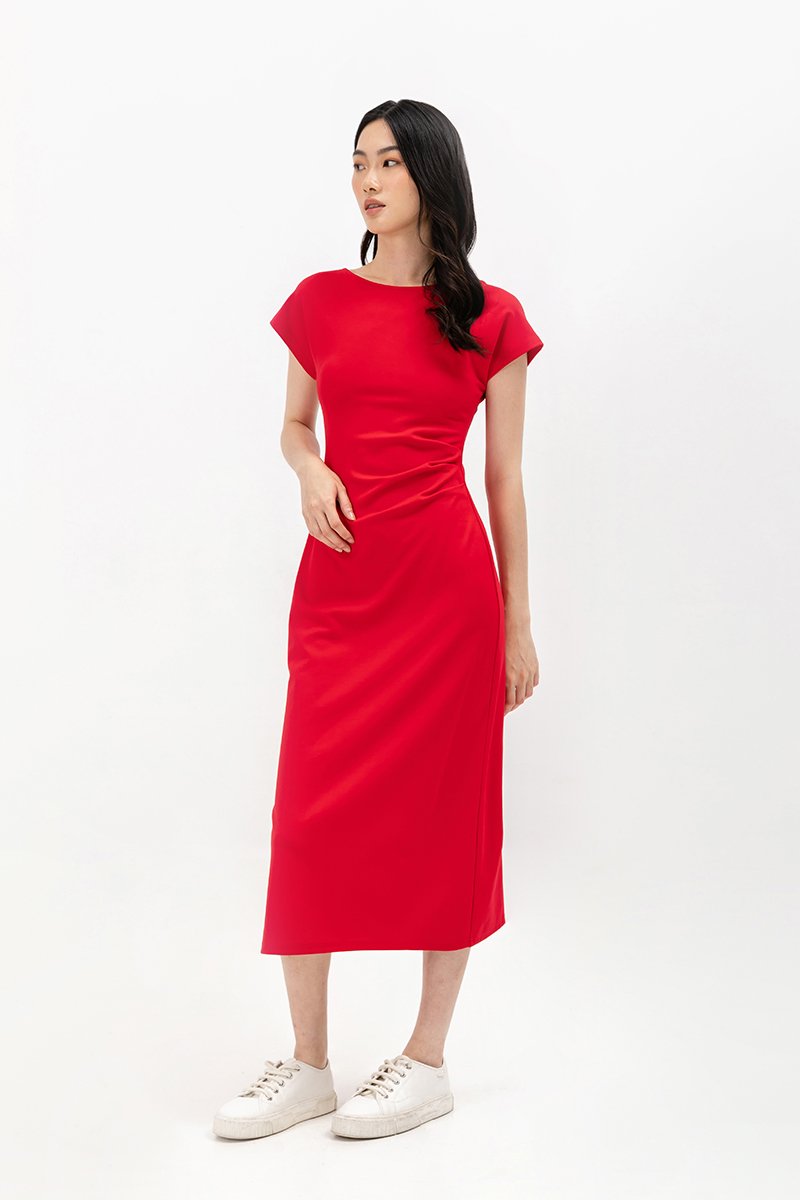 MILAN SIDE PLEATED BOATNECK DRESS