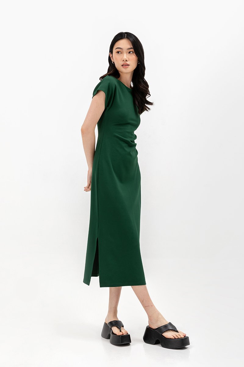 MILAN SIDE PLEATED BOATNECK DRESS