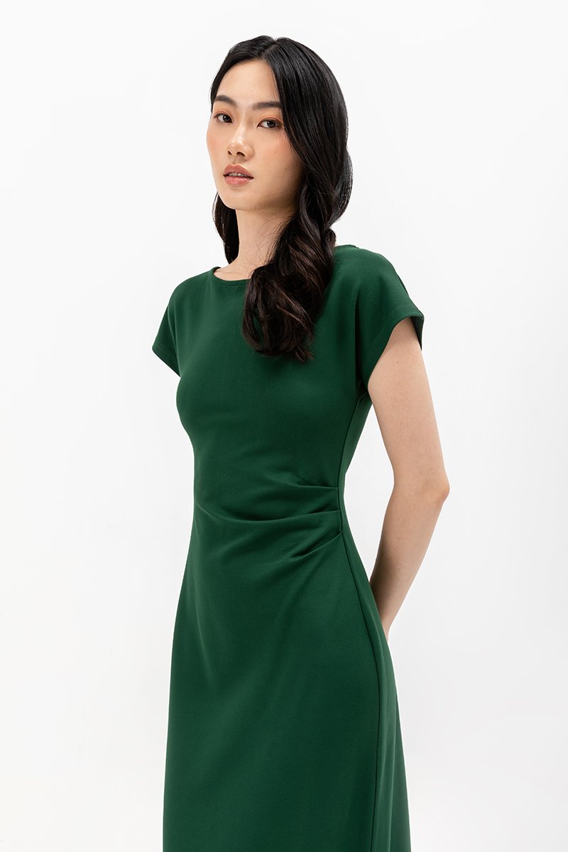 MILAN SIDE PLEATED BOATNECK DRESS