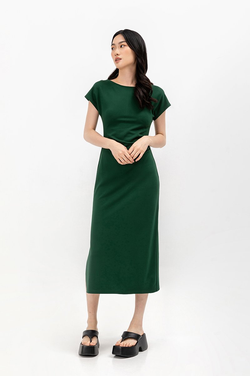 MILAN SIDE PLEATED BOATNECK DRESS
