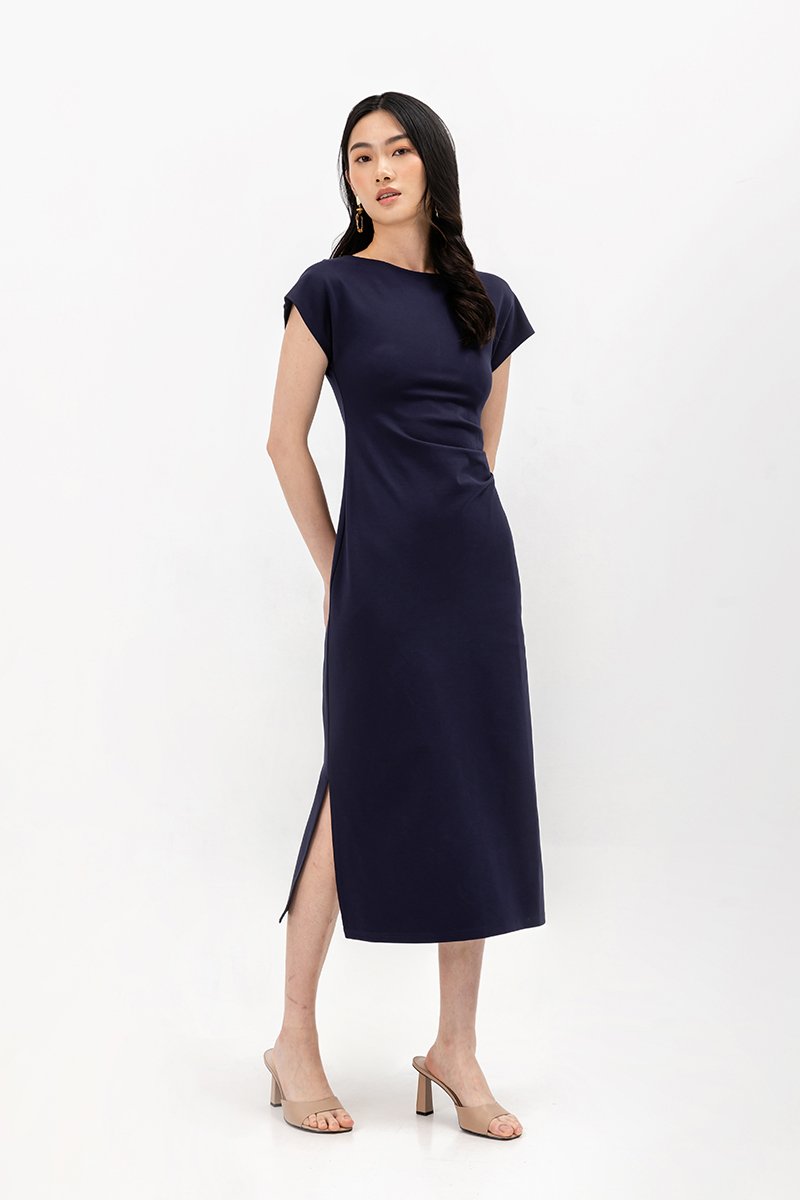 MILAN SIDE PLEATED BOATNECK DRESS