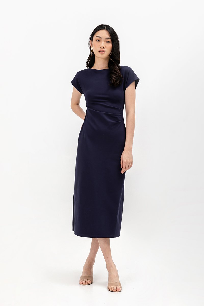 MILAN SIDE PLEATED BOATNECK DRESS