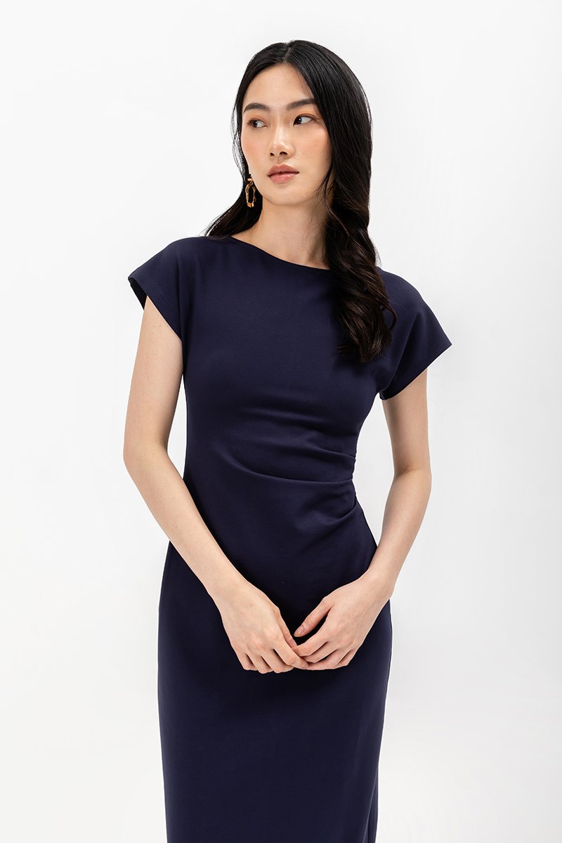 MILAN SIDE PLEATED BOATNECK DRESS