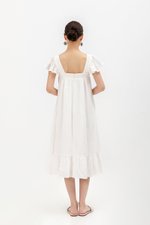 KAILEE FLUTTER SLEEVE LACE TRIM MIDI DRESS