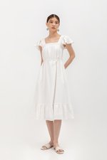 KAILEE FLUTTER SLEEVE LACE TRIM MIDI DRESS