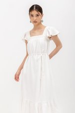 KAILEE FLUTTER SLEEVE LACE TRIM MIDI DRESS