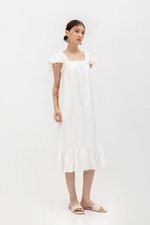 KAILEE FLUTTER SLEEVE LACE TRIM MIDI DRESS
