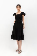 KAILEE FLUTTER SLEEVE LACE TRIM MIDI DRESS