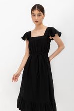 KAILEE FLUTTER SLEEVE LACE TRIM MIDI DRESS