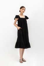 KAILEE FLUTTER SLEEVE LACE TRIM MIDI DRESS