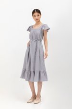 KAILEE FLUTTER SLEEVE LACE TRIM MIDI DRESS