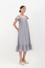 KAILEE FLUTTER SLEEVE LACE TRIM MIDI DRESS