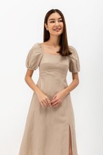 CAROSOL BUSTIER PUFF SLEEVE LINEN DRESS