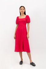 CAROSOL BUSTIER PUFF SLEEVE LINEN DRESS