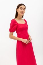 CAROSOL BUSTIER PUFF SLEEVE LINEN DRESS