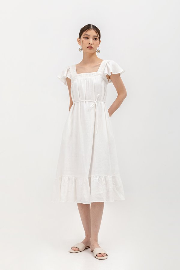 KAILEE FLUTTER SLEEVE LACE TRIM MIDI DRESS