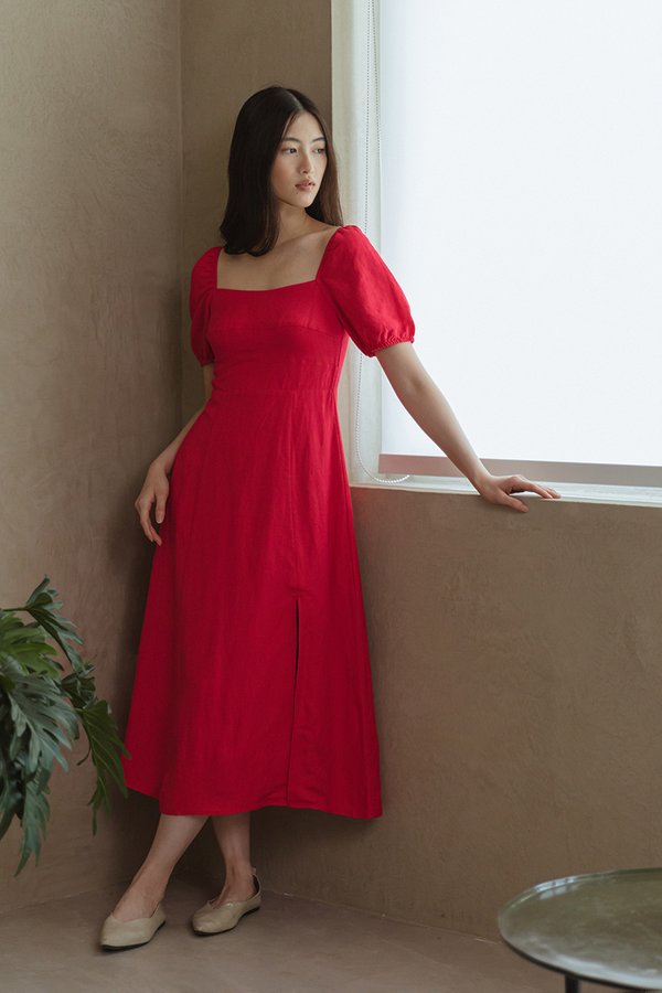 CAROSOL BUSTIER PUFF SLEEVE LINEN DRESS
