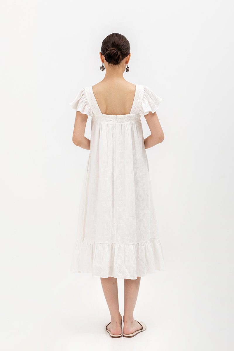KAILEE FLUTTER SLEEVE LACE TRIM MIDI DRESS