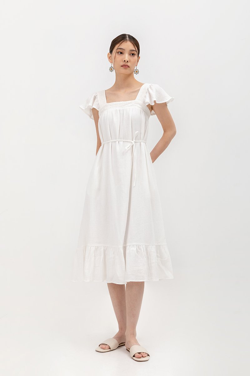 KAILEE FLUTTER SLEEVE LACE TRIM MIDI DRESS