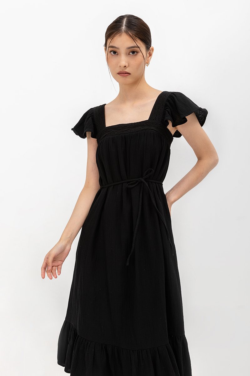 KAILEE FLUTTER SLEEVE LACE TRIM MIDI DRESS