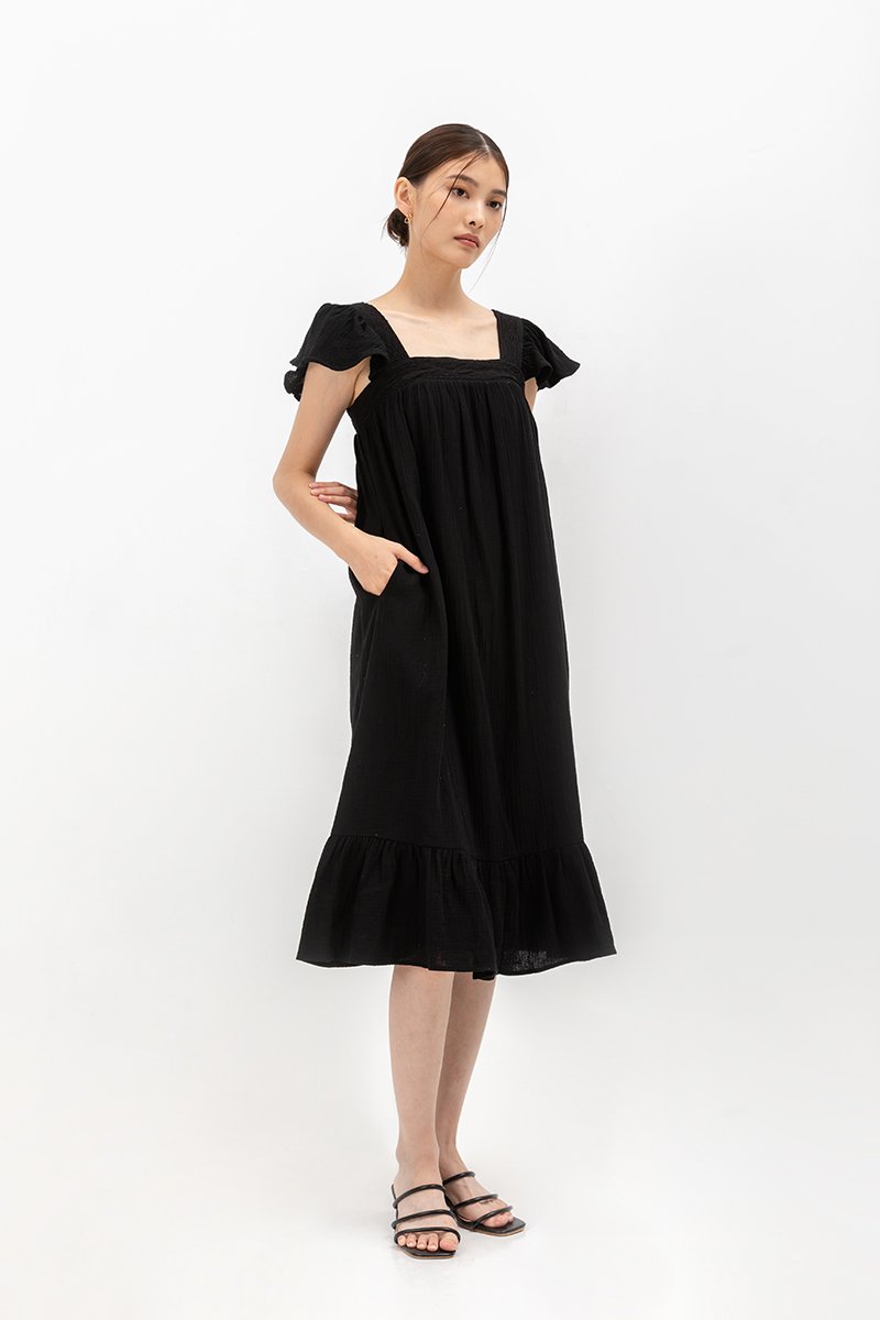 KAILEE FLUTTER SLEEVE LACE TRIM MIDI DRESS