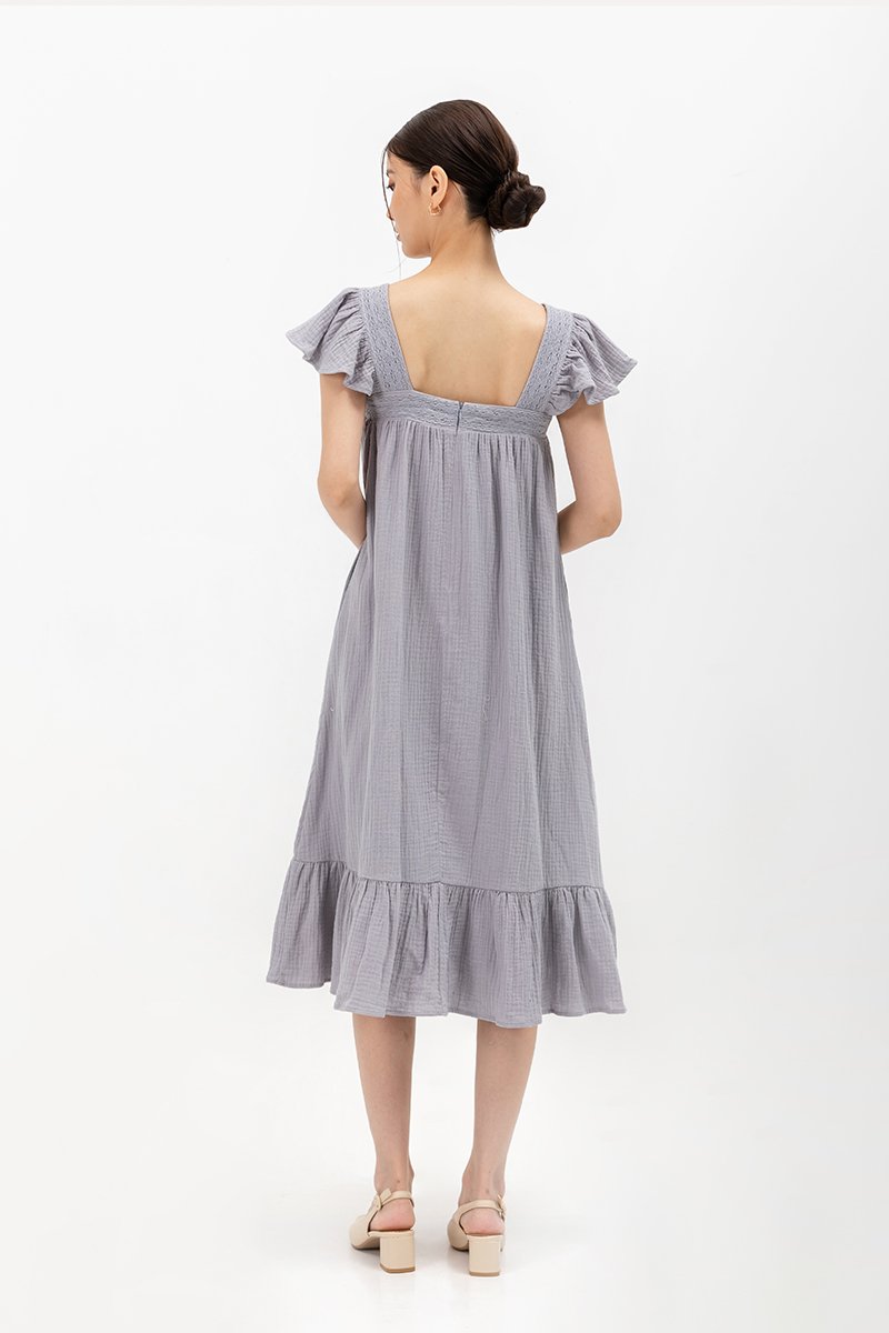 KAILEE FLUTTER SLEEVE LACE TRIM MIDI DRESS