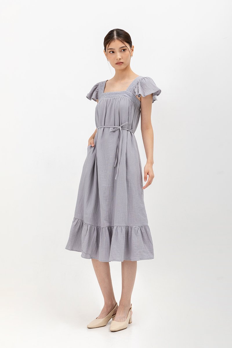 KAILEE FLUTTER SLEEVE LACE TRIM MIDI DRESS
