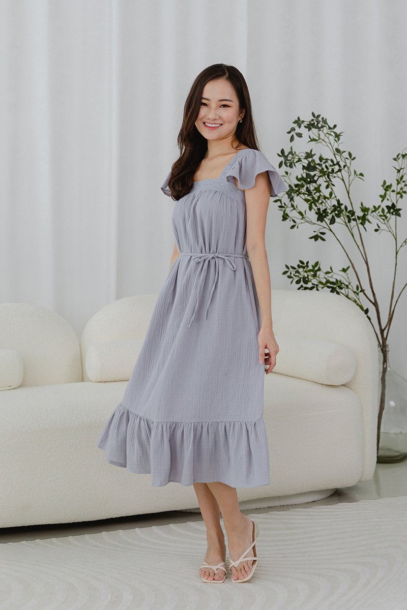KAILEE FLUTTER SLEEVE LACE TRIM MIDI DRESS