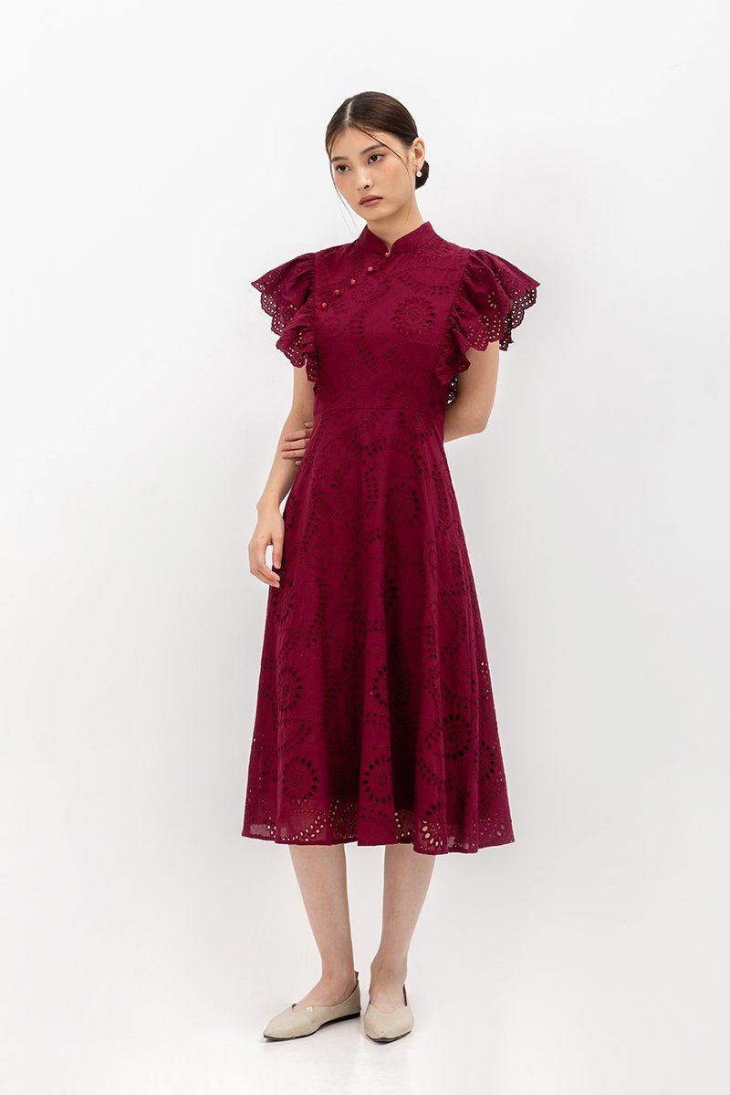 EVANGELI FLUTTER SLEEVE EYELET CHEONGSAM