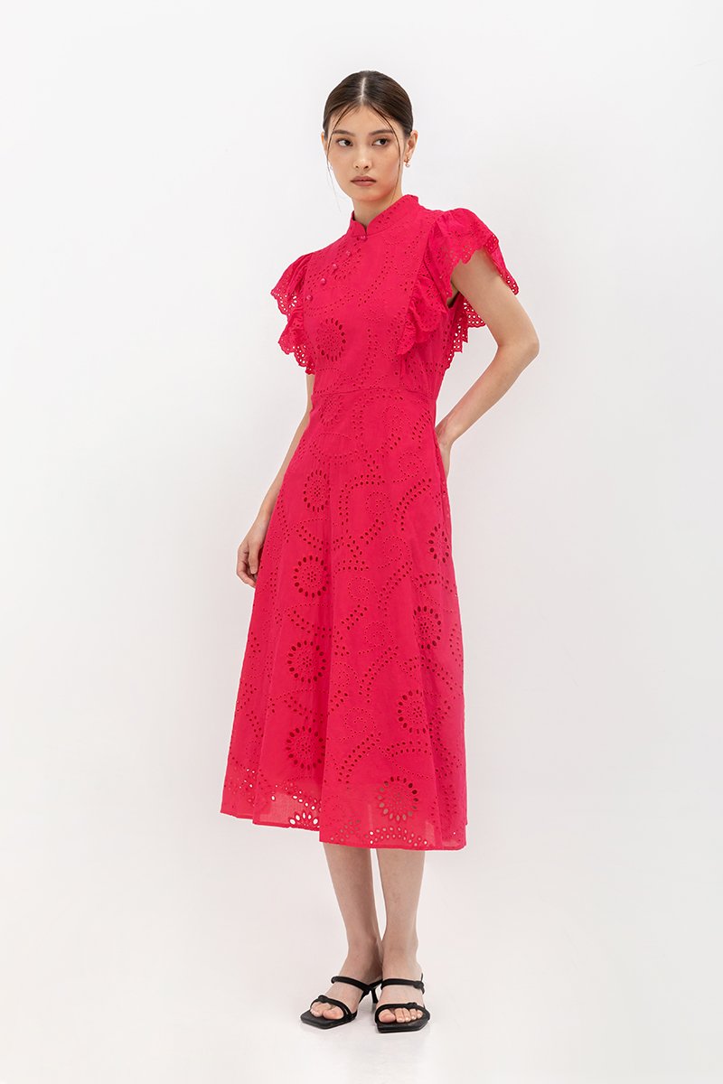 EVANGELI FLUTTER SLEEVE EYELET CHEONGSAM