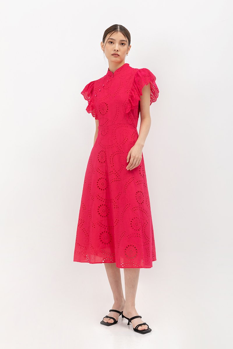 EVANGELI FLUTTER SLEEVE EYELET CHEONGSAM