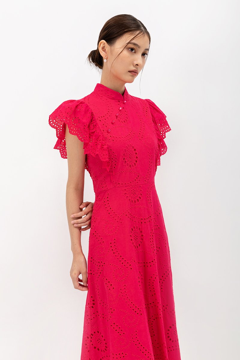 EVANGELI FLUTTER SLEEVE EYELET CHEONGSAM