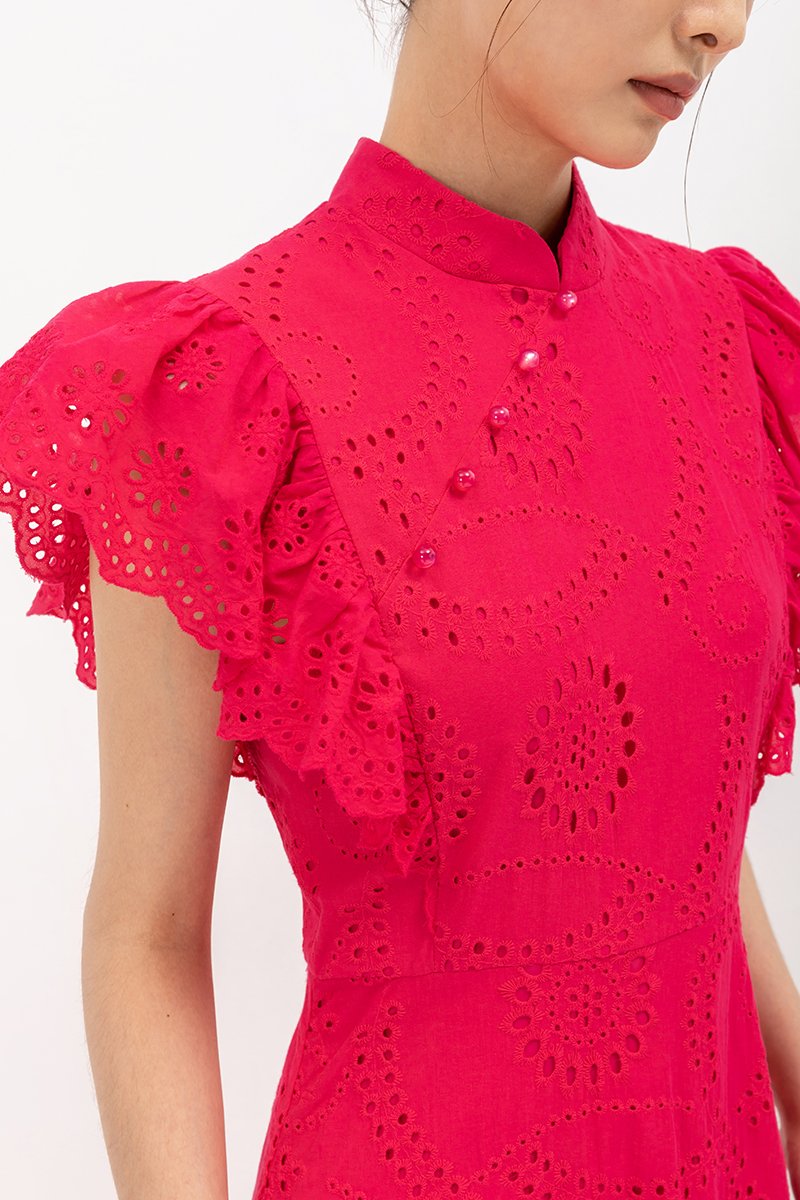 EVANGELI FLUTTER SLEEVE EYELET CHEONGSAM